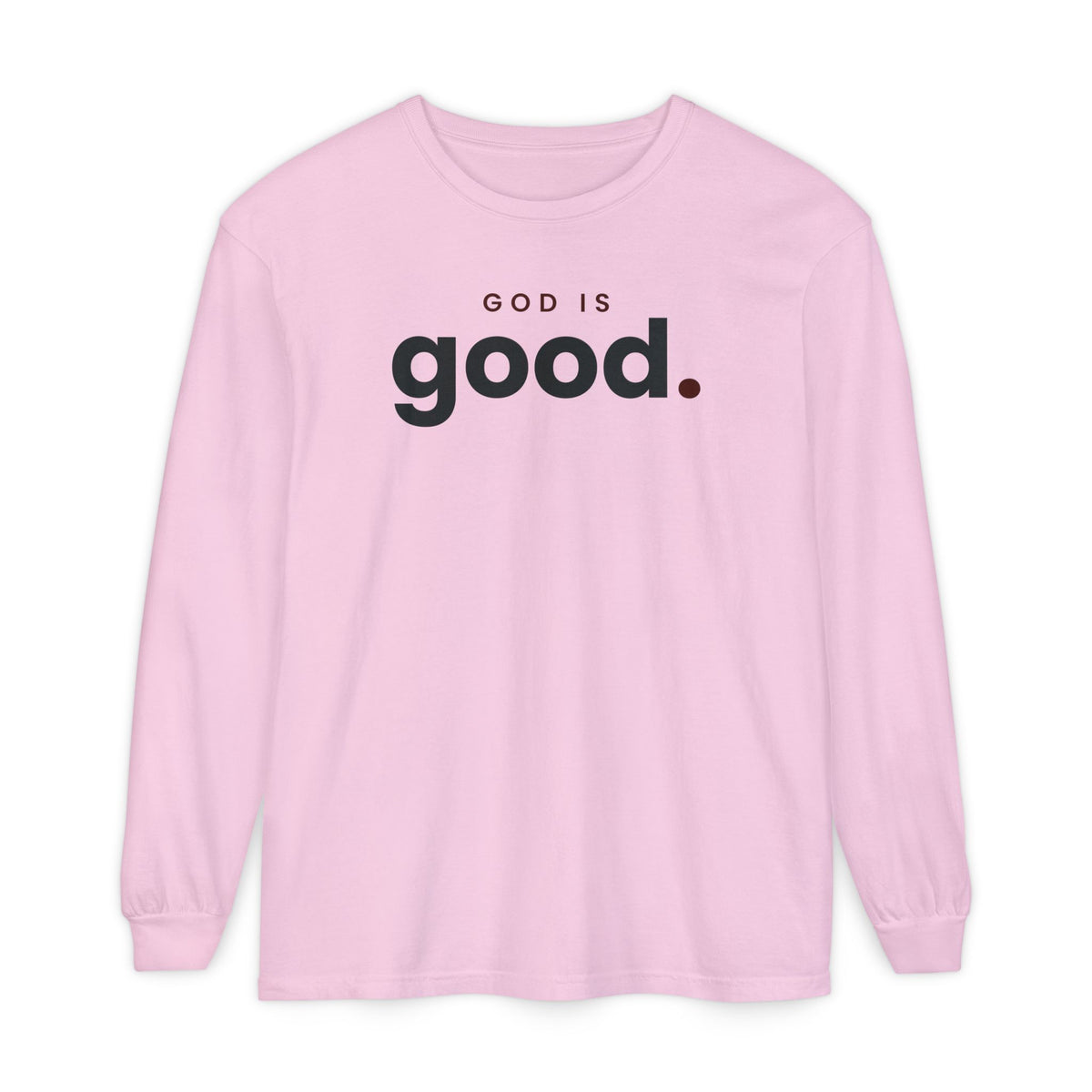 God Is Good Christian long sleeve tee in blossom, front mockup