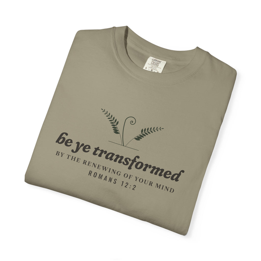 Be Transformed Romans 12:2 tee in Sandstone, folded mockup