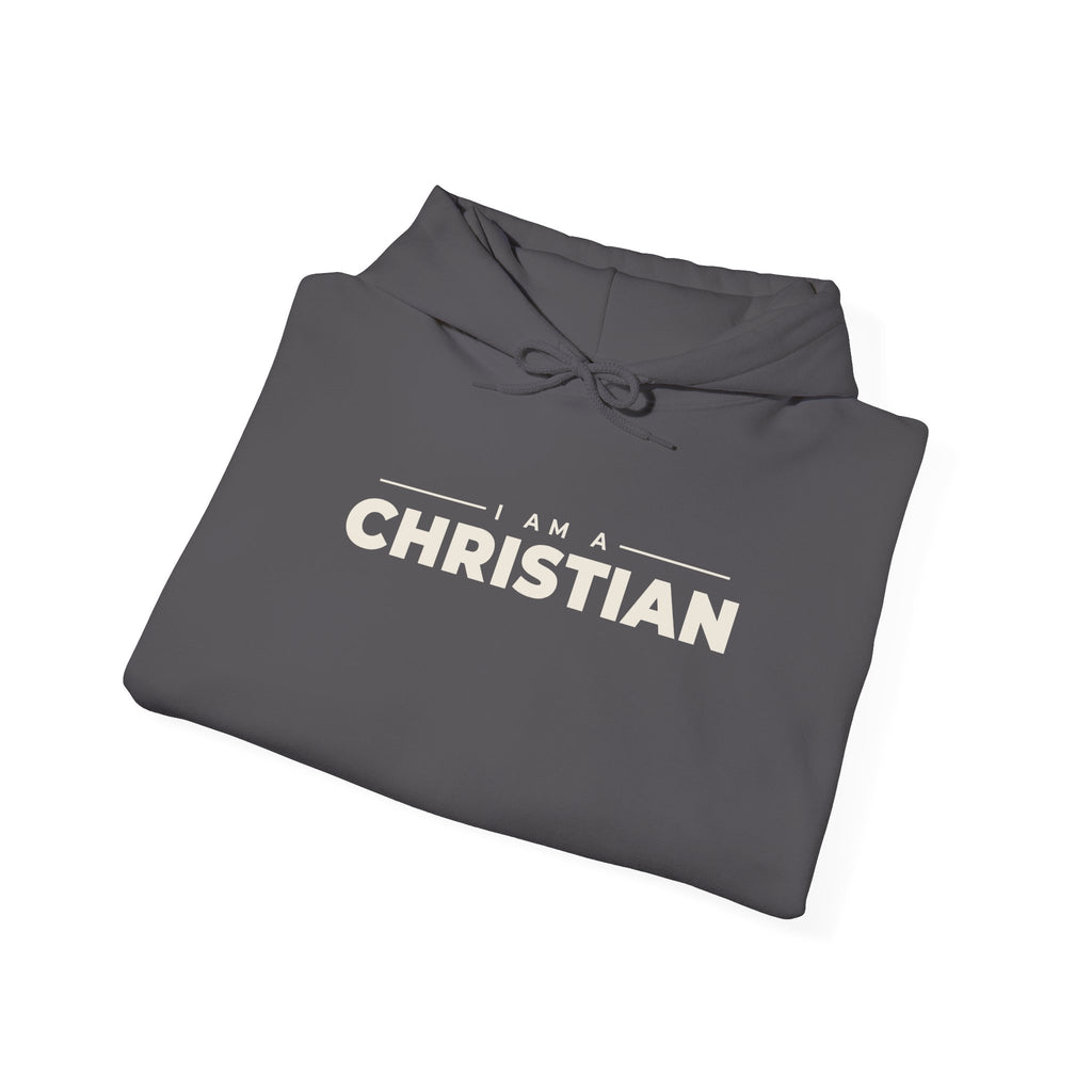 I Am a Christian Christian hoodie in charcoal, folded mockup