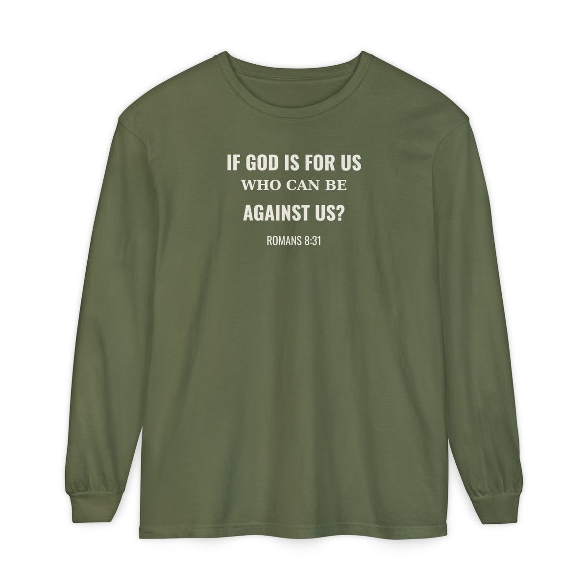 If God Is For Us Romans 8:31 long sleeve tee in hemp, front mockup
