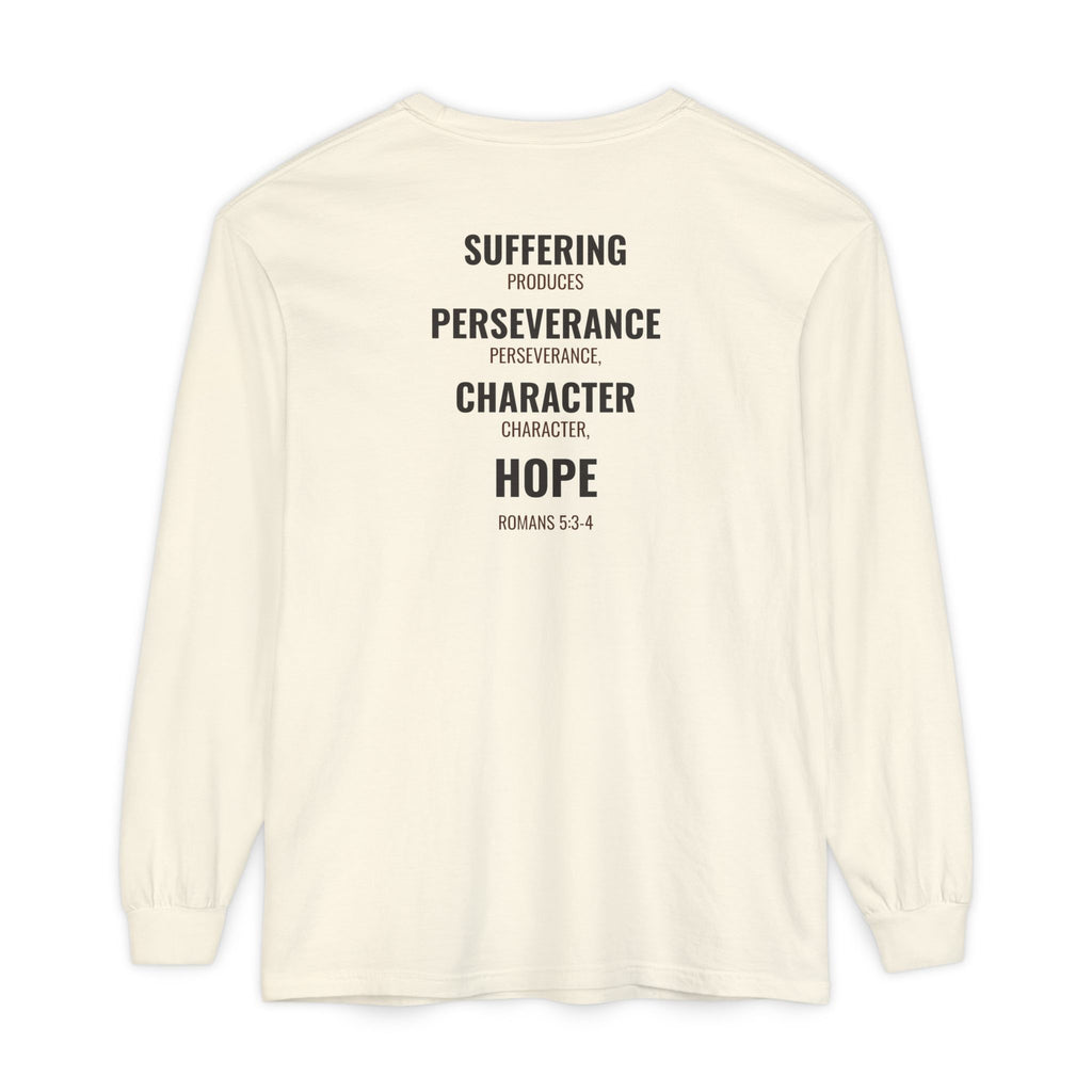 Suffering Produces Hope Romans 5:3-4 long sleeve tee in ivory, back (Romans 5:3-4 back print) mockup
