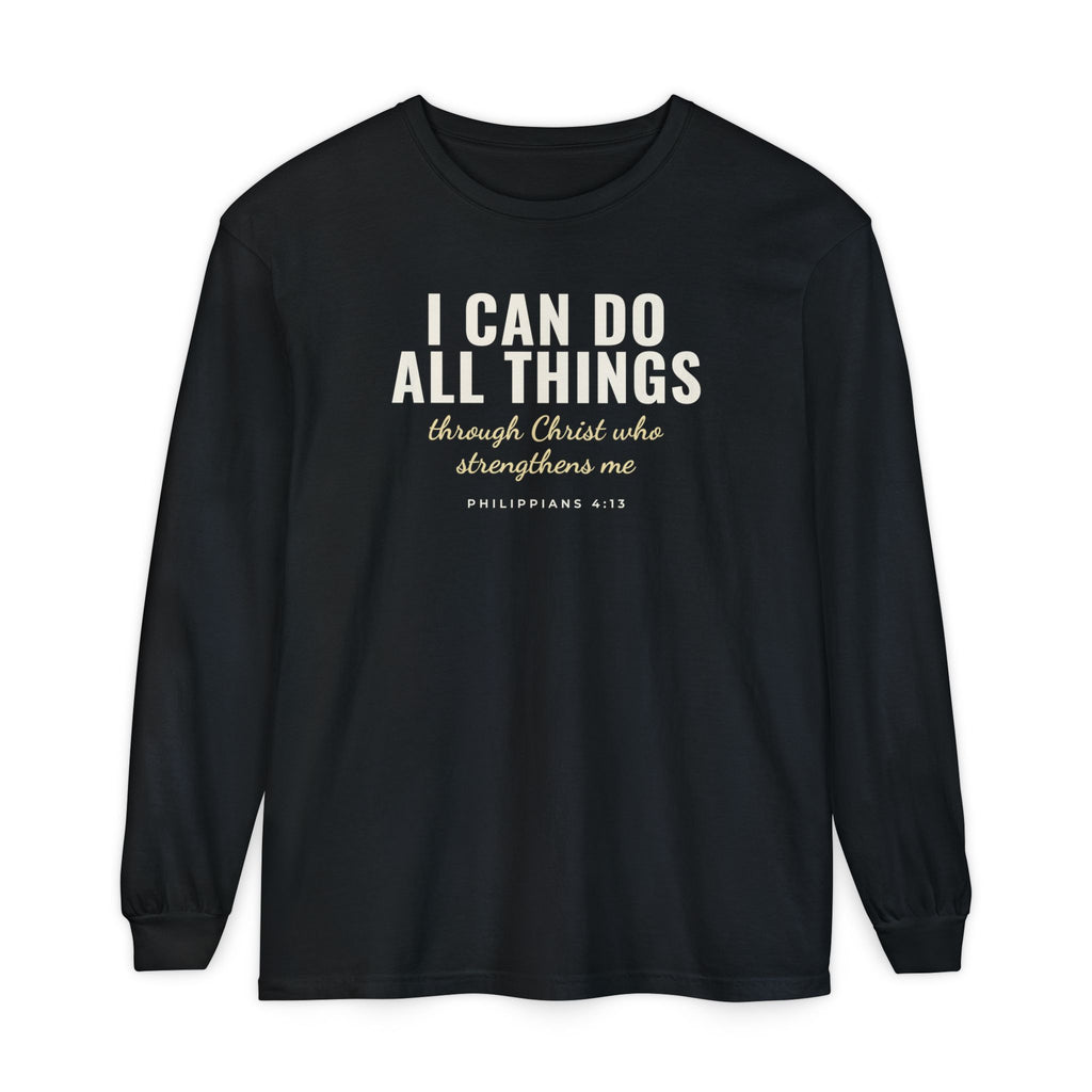 I Can Do All Things Philippians 4:13 Christian long sleeve tee in black, front mockup