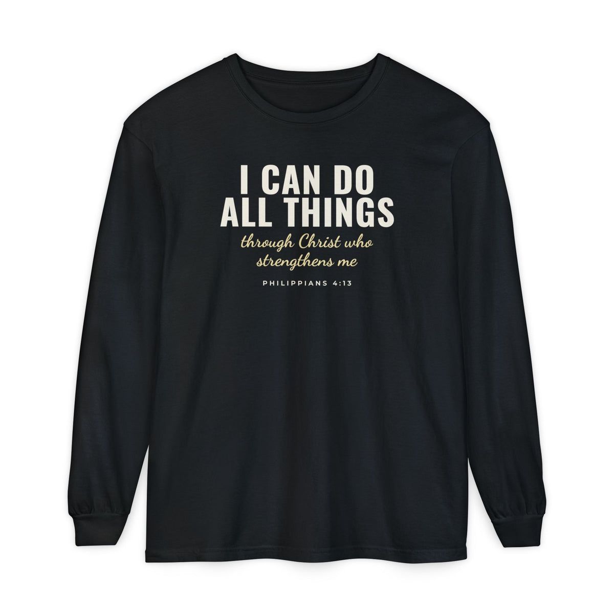 I Can Do All Things Philippians 4:13 Christian long sleeve tee in black, front mockup