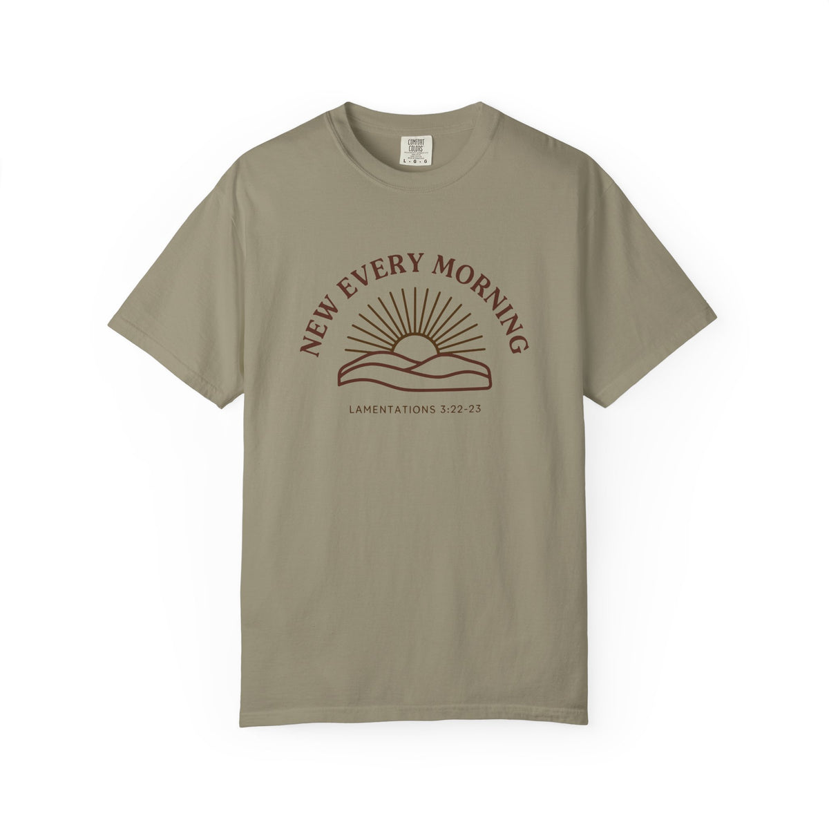 New Every Morning Lamentations 3:22-23 tee in sandstone, front mockup