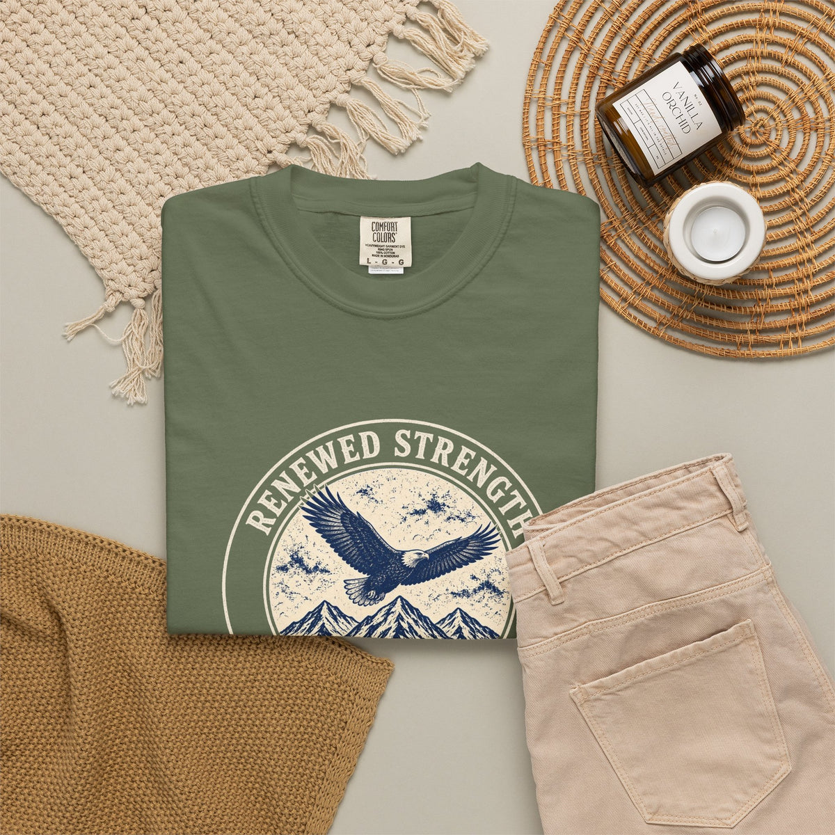 Renew Your Strength Isaiah 40:31 tee in sage, folded flat lay mockup