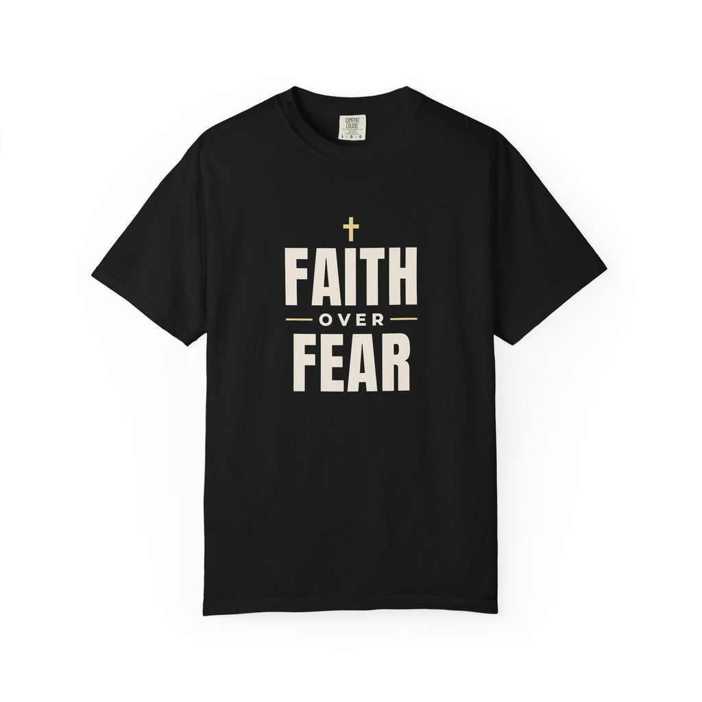 Faith Over Fear Christian tee in black, front mockup