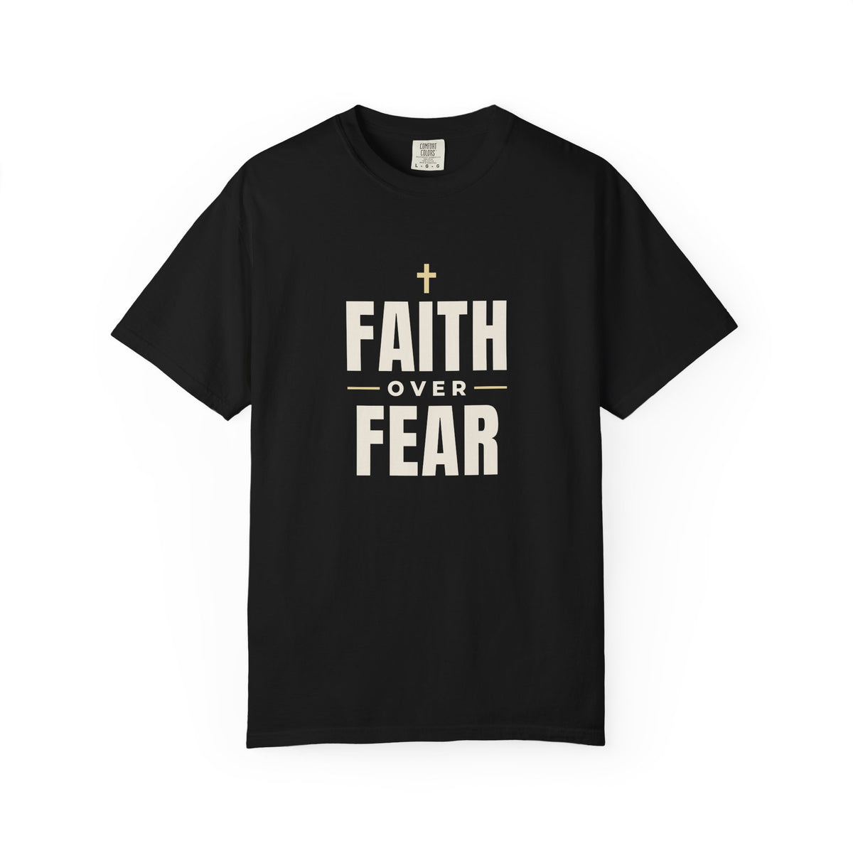 Faith Over Fear Christian tee in black, front mockup