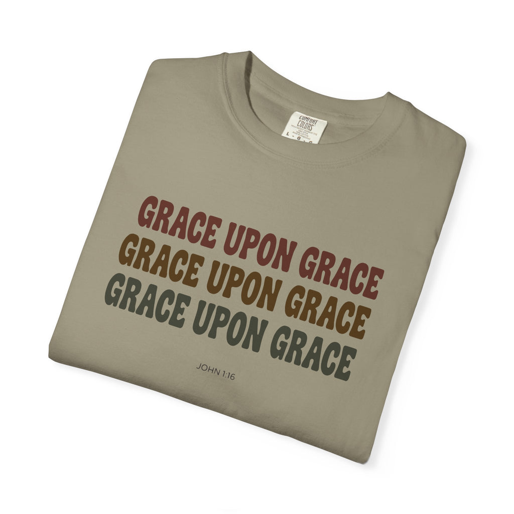 Grace Upon Grace John 1:16 tee in sandstone, folded mockup