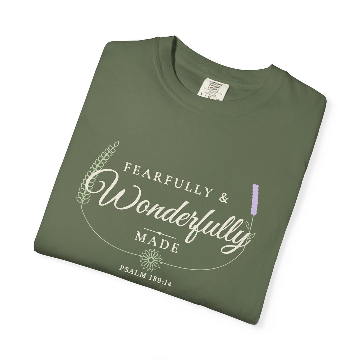 Fearfully & Wonderfully Made Psalm 139:14 tee in sage, folded mockup