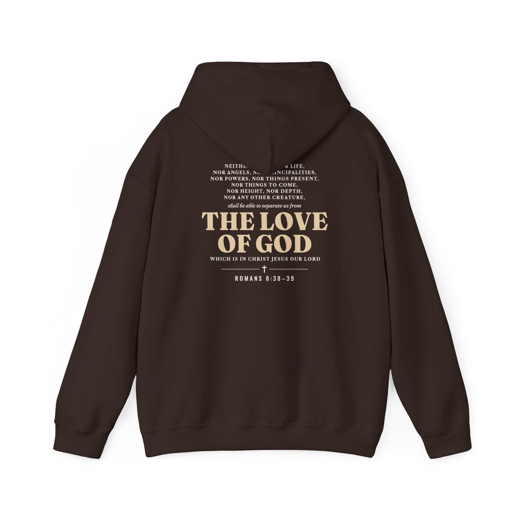 Nothing Can Separate Us Romans 8:38-39 hoodie in Dark Chocolate, back print mockup