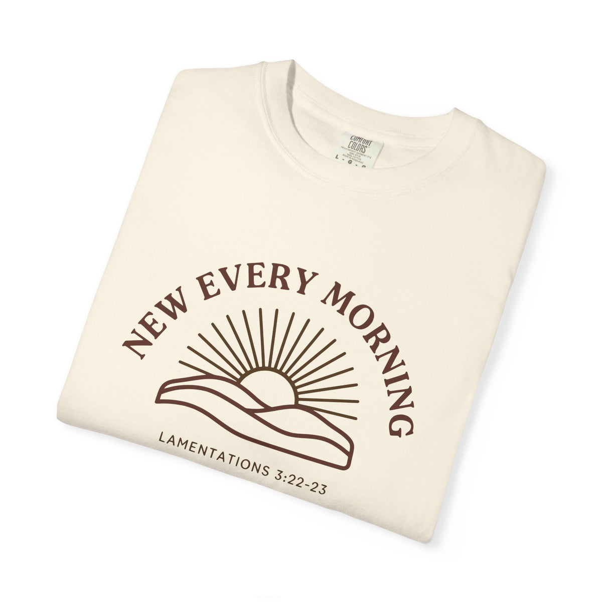 New Every Morning Lamentations 3:22-23 tee in ivory, folded mockup