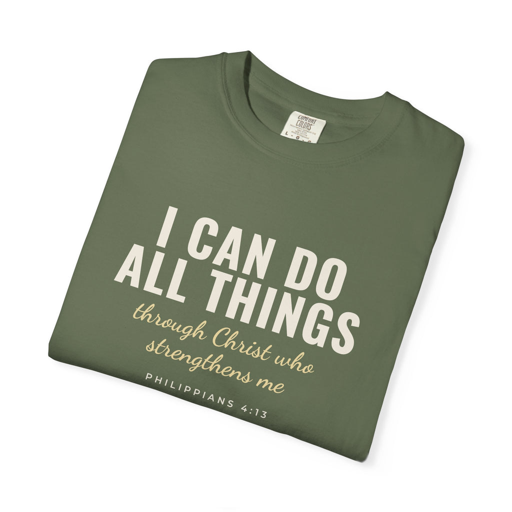 I Can Do All Things Philippians 4:13 Christian tee in sage, folded mockup