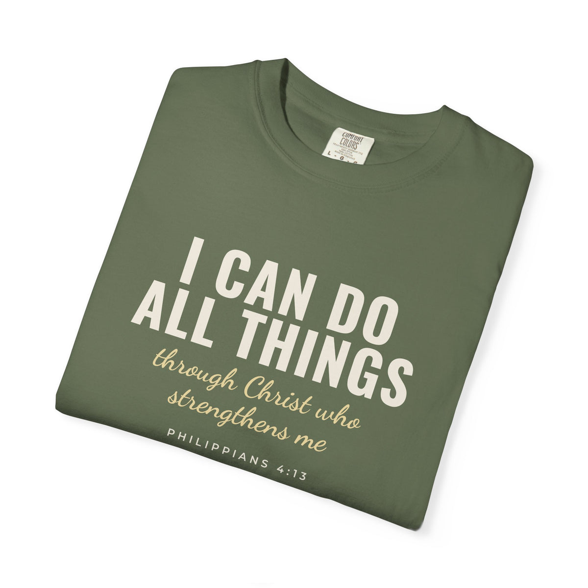 I Can Do All Things Philippians 4:13 Christian tee in sage, folded mockup