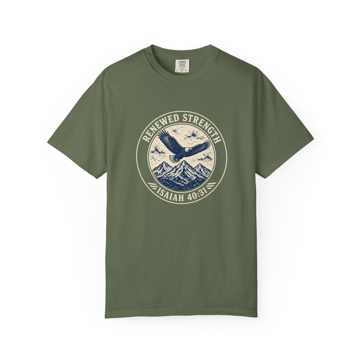 Renew Your Strength Isaiah 40:31 tee in sage, front mockup