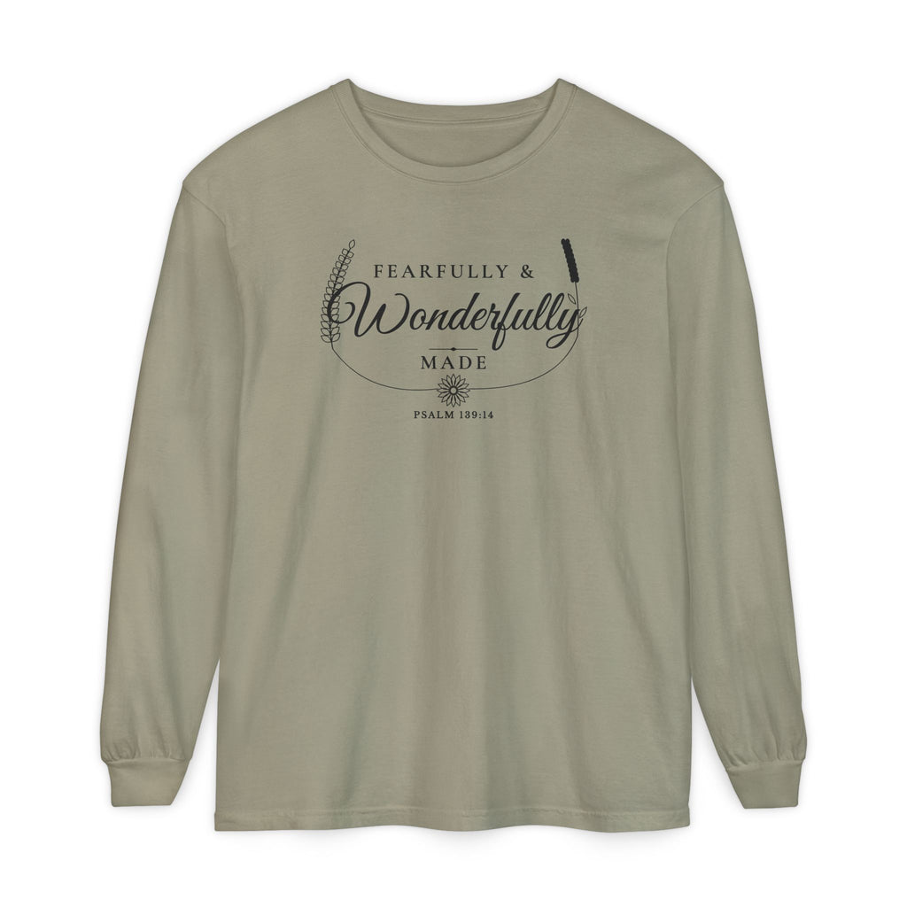 Fearfully & Wonderfully Made Psalm 139:14 long sleeve tee in sandstone, front mockup