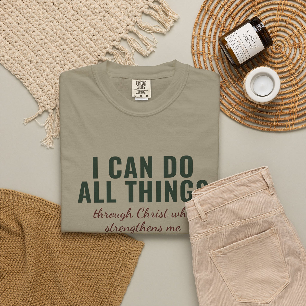 I Can Do All Things Philippians 4:13 Christian tee in sandstone, folded flat lay
