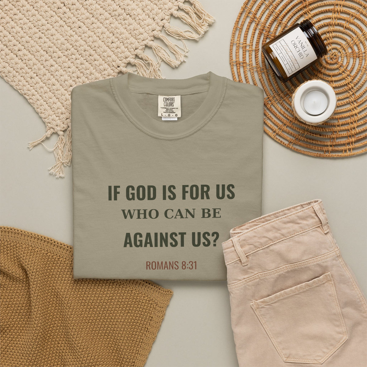 If God Is For Us Romans 8:31 tee in sandstone, folded flat lay mockup