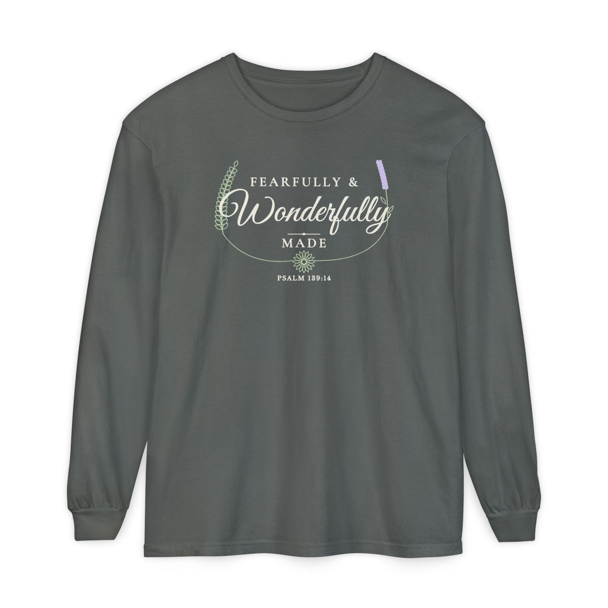 Fearfully & Wonderfully Made Psalm 139:14 long sleeve tee in pepper, front mockup