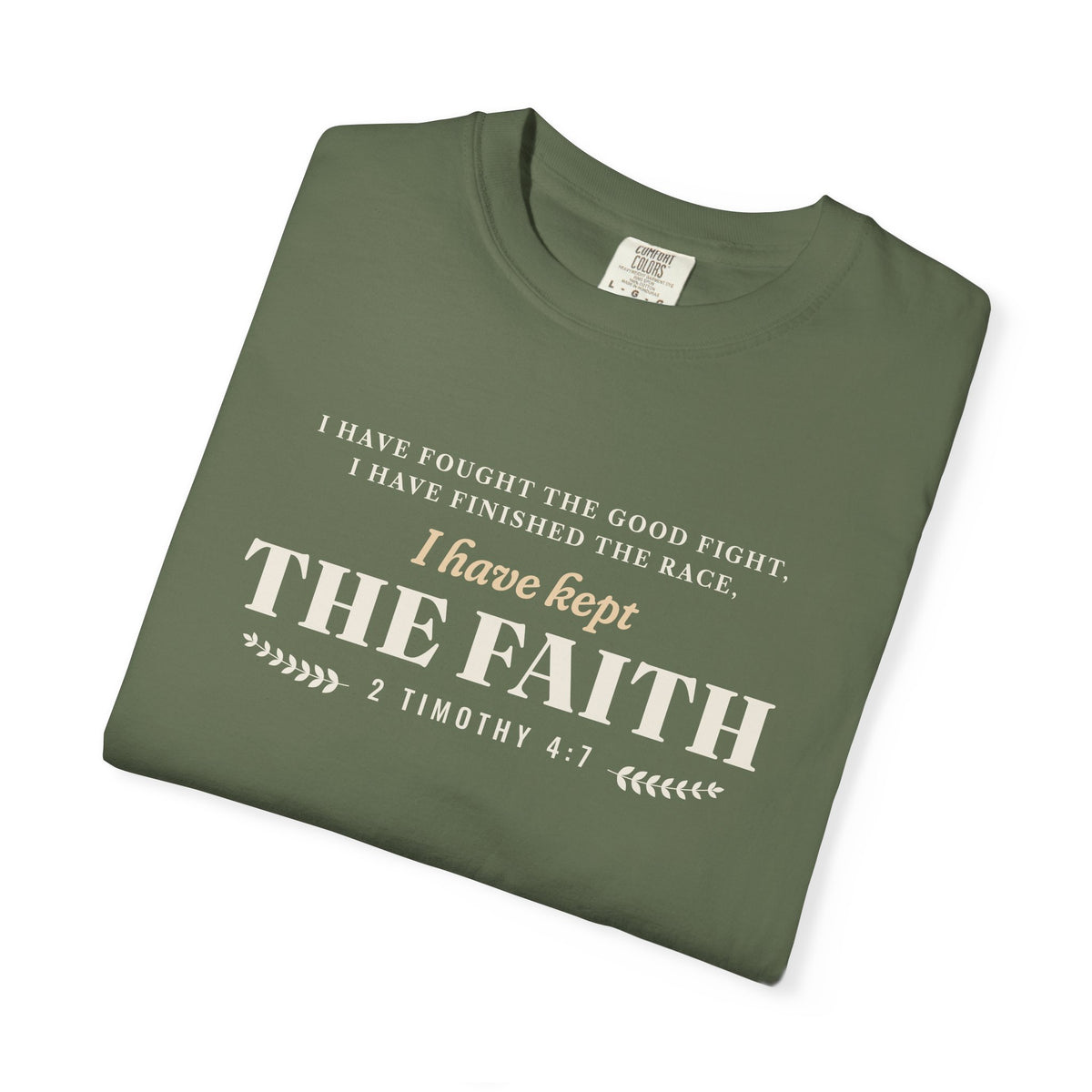 Kept the Faith 2 Timothy 4:7 tee in Sage, front, folded