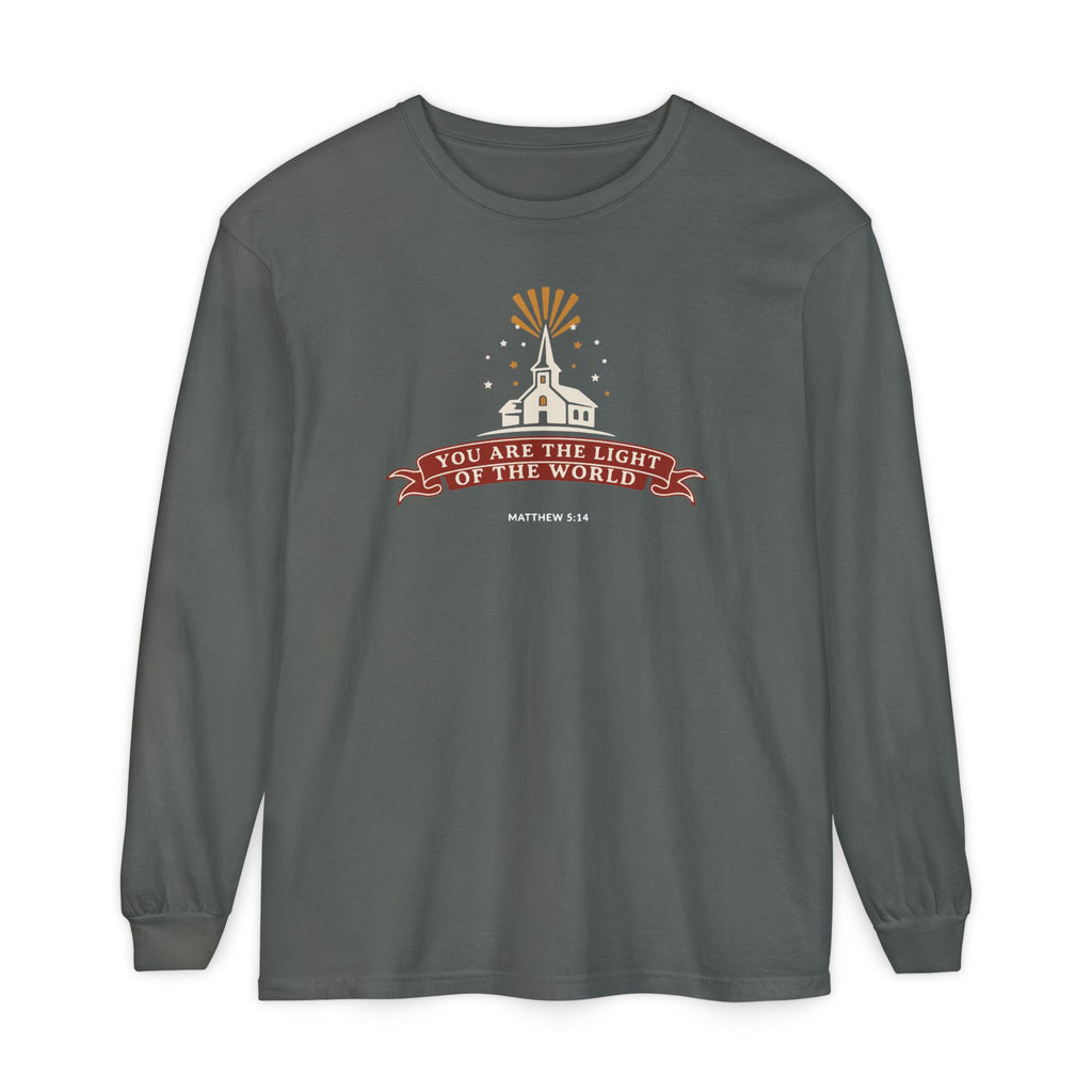 City on a Hill Matthew 5:14 long sleeve tee in pepper, front mockup