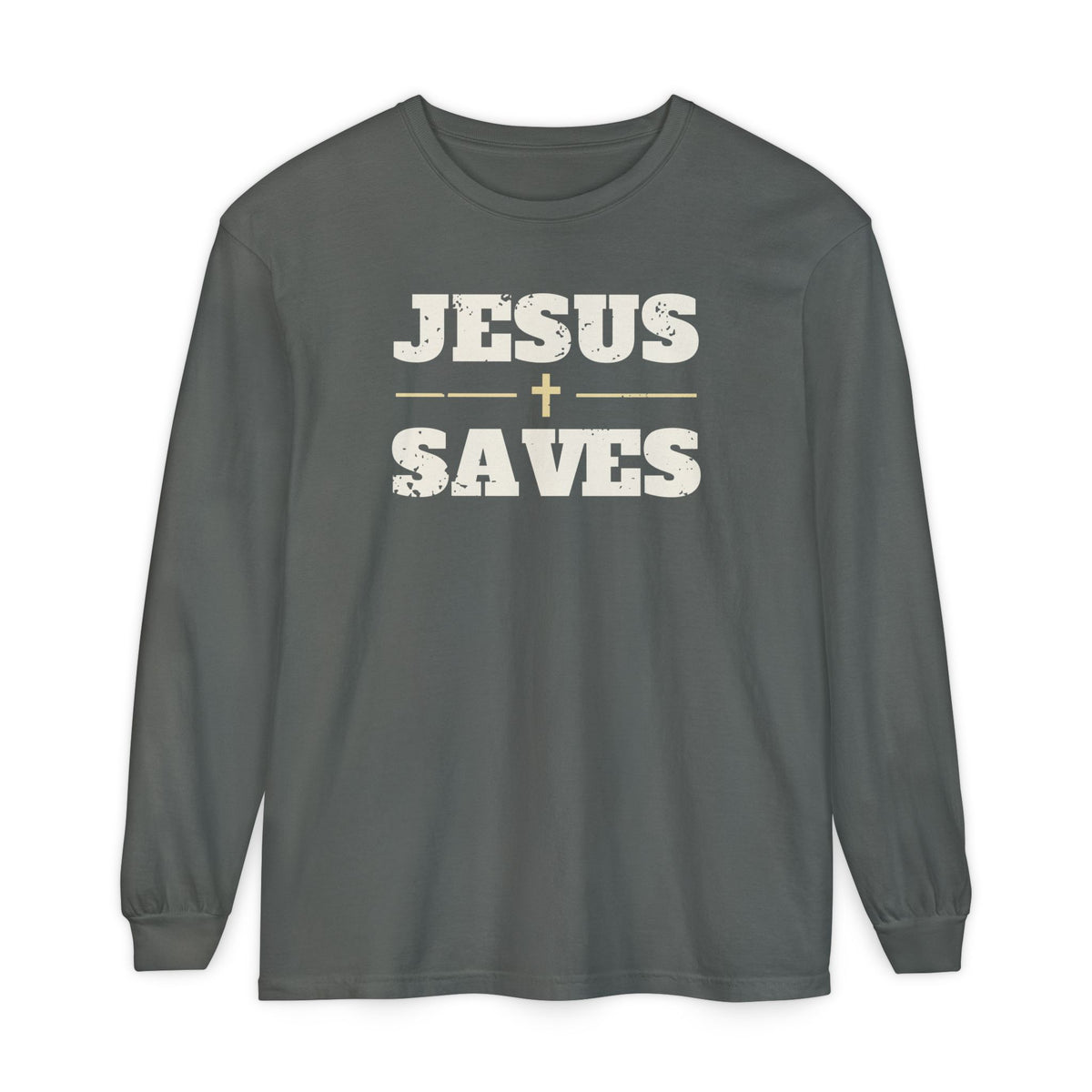 Jesus Saves Christian long sleeve tee in pepper, front mockup