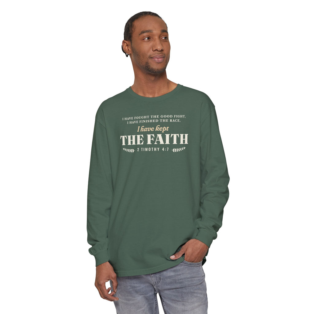 Kept the Faith 2 Timothy 4:7 long sleeve tee in Blue Spruce, front, model