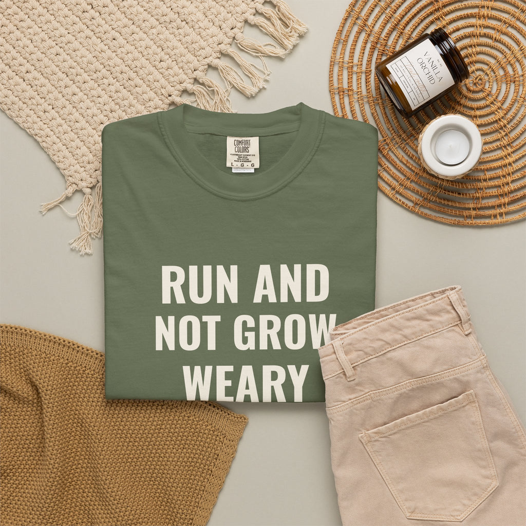 Run and Not Grow Weary Isaiah 40:31 tee in sage, folded flat lay mockup