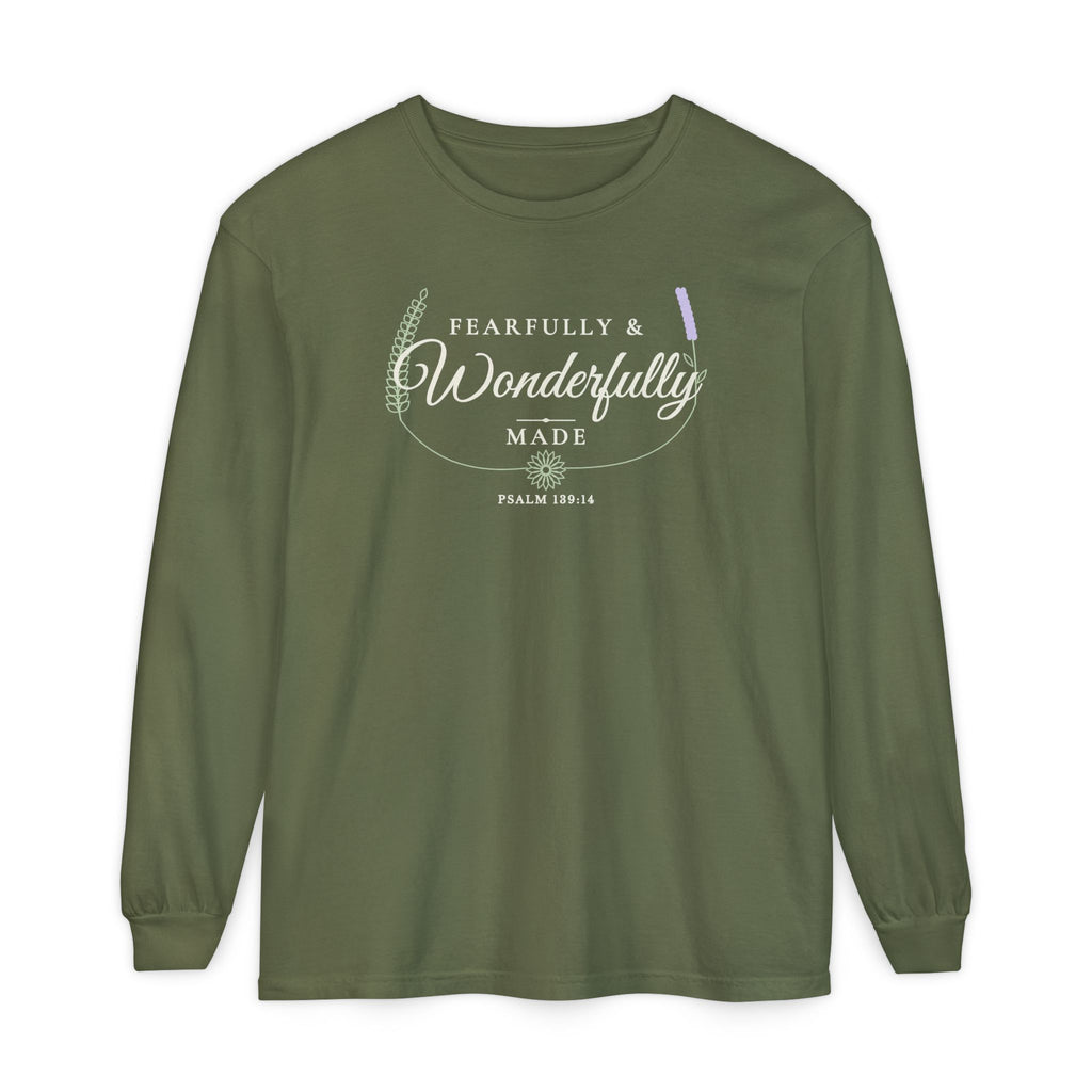 Fearfully & Wonderfully Made Psalm 139:14 long sleeve tee in hemp, front mockup