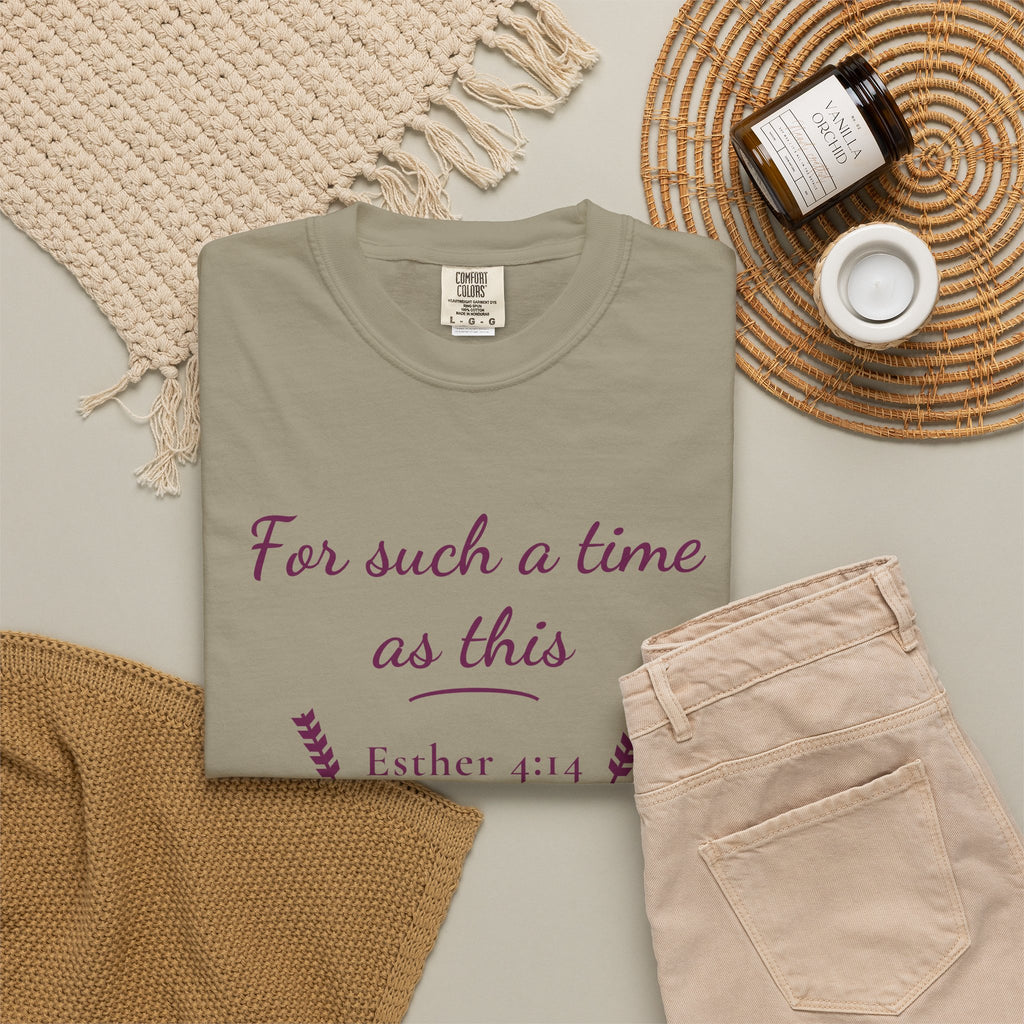 For Such a Time as This Esther 4:14 tee in sandstone, folded flat lay mockup
