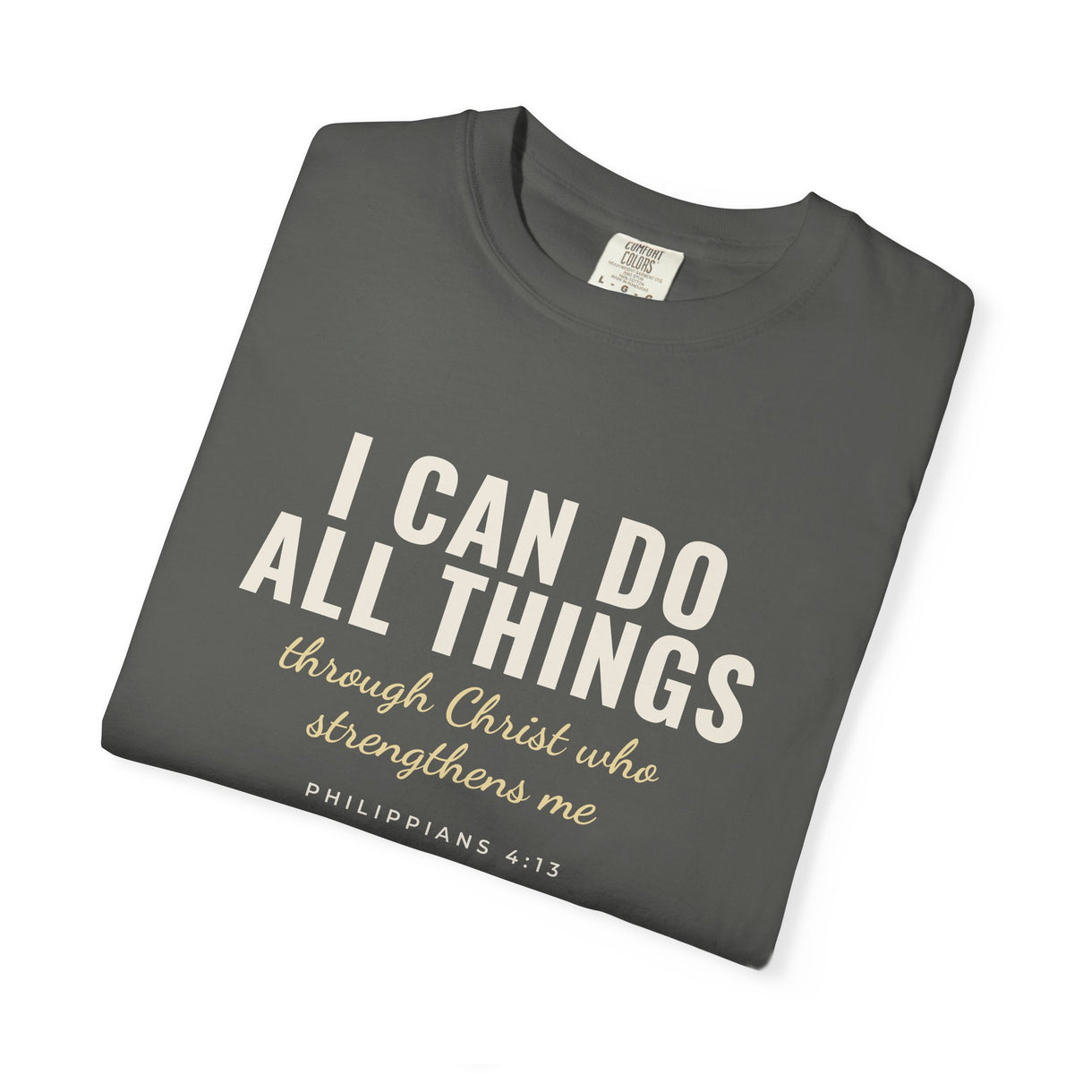 I Can Do All Things Philippians 4:13 Christian tee in pepper, folded mockup