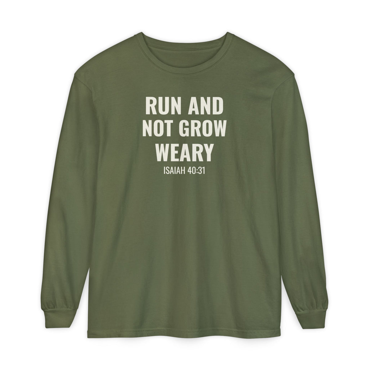 Run and Not Grow Weary Isaiah 40:31 long sleeve tee in hemp, front mockup