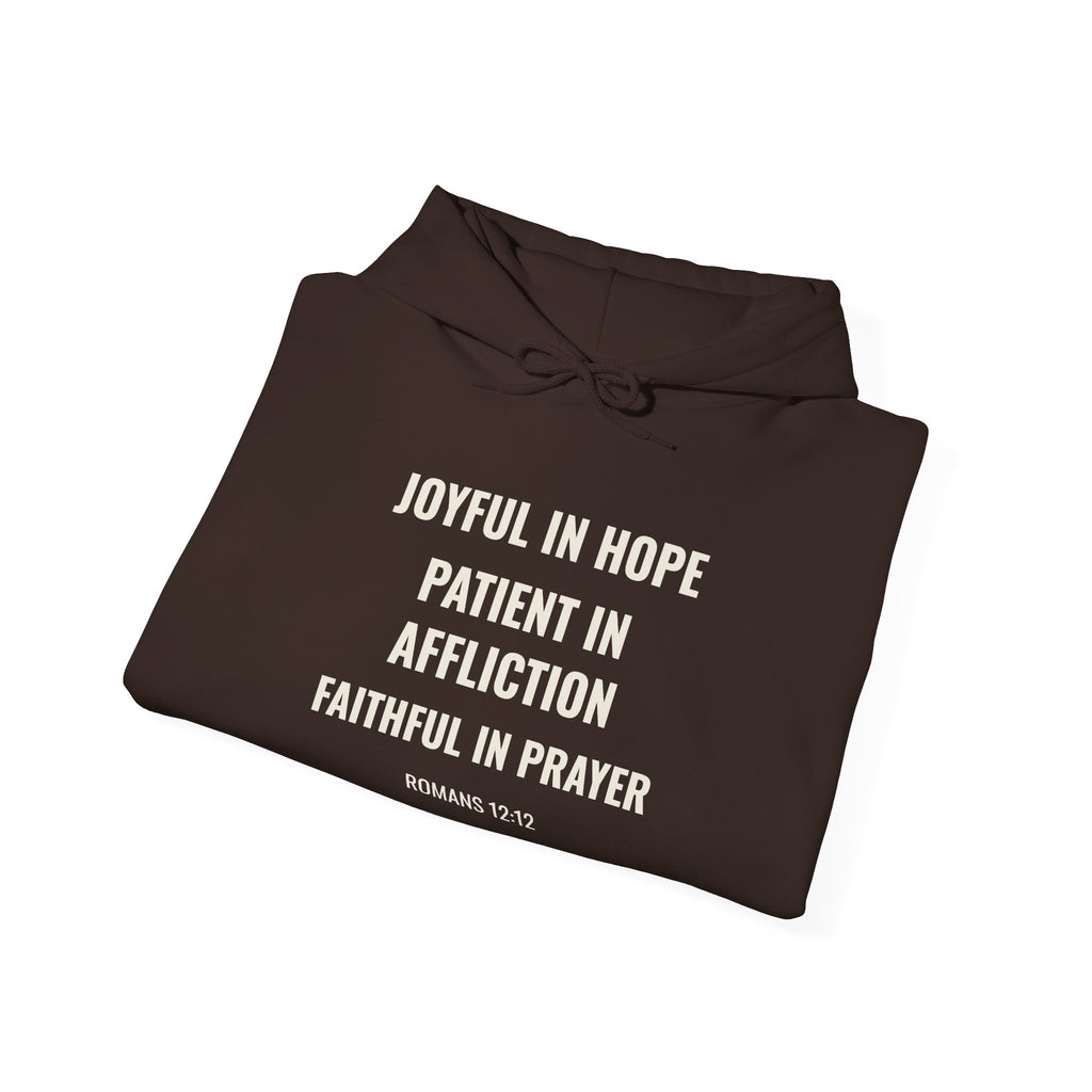 Joyful in Hope Romans 12:12 hoodie in dark chocolate, folded mockup