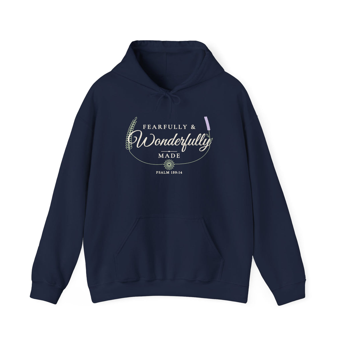 Fearfully & Wonderfully Made Psalm 139:14 hoodie in navy, front mockup