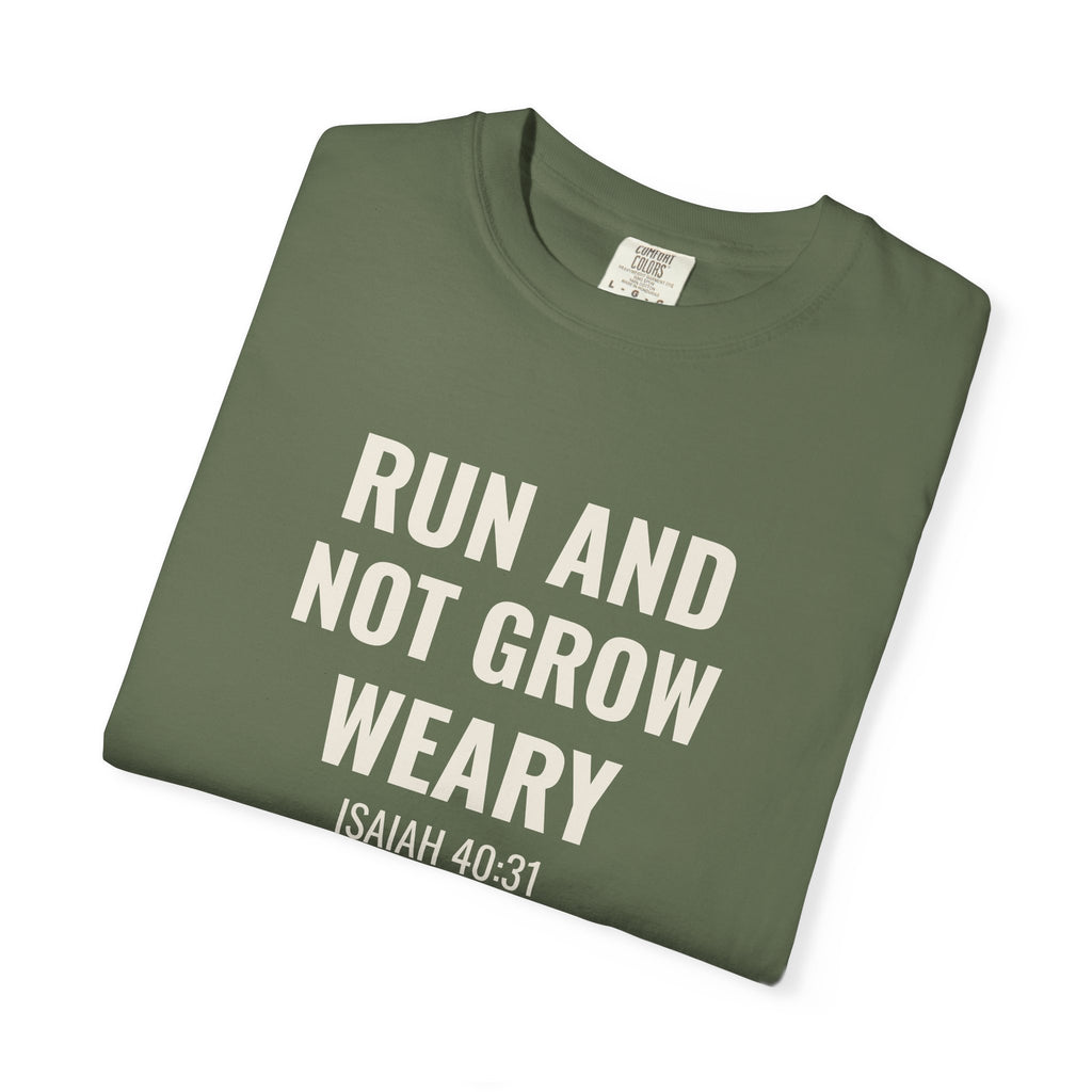 Run and Not Grow Weary Isaiah 40:31 tee in sage, folded mockup