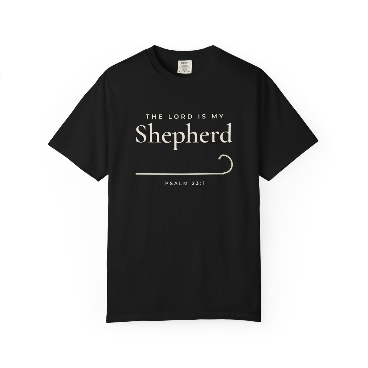 The Lord Is My Shepherd Psalm 23:1 Christian tee in black, front mockup