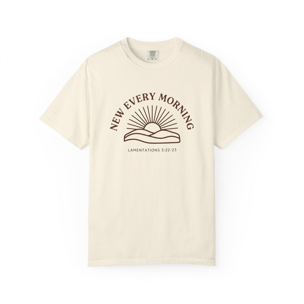 New Every Morning Lamentations 3:22-23 tee in ivory, front mockup