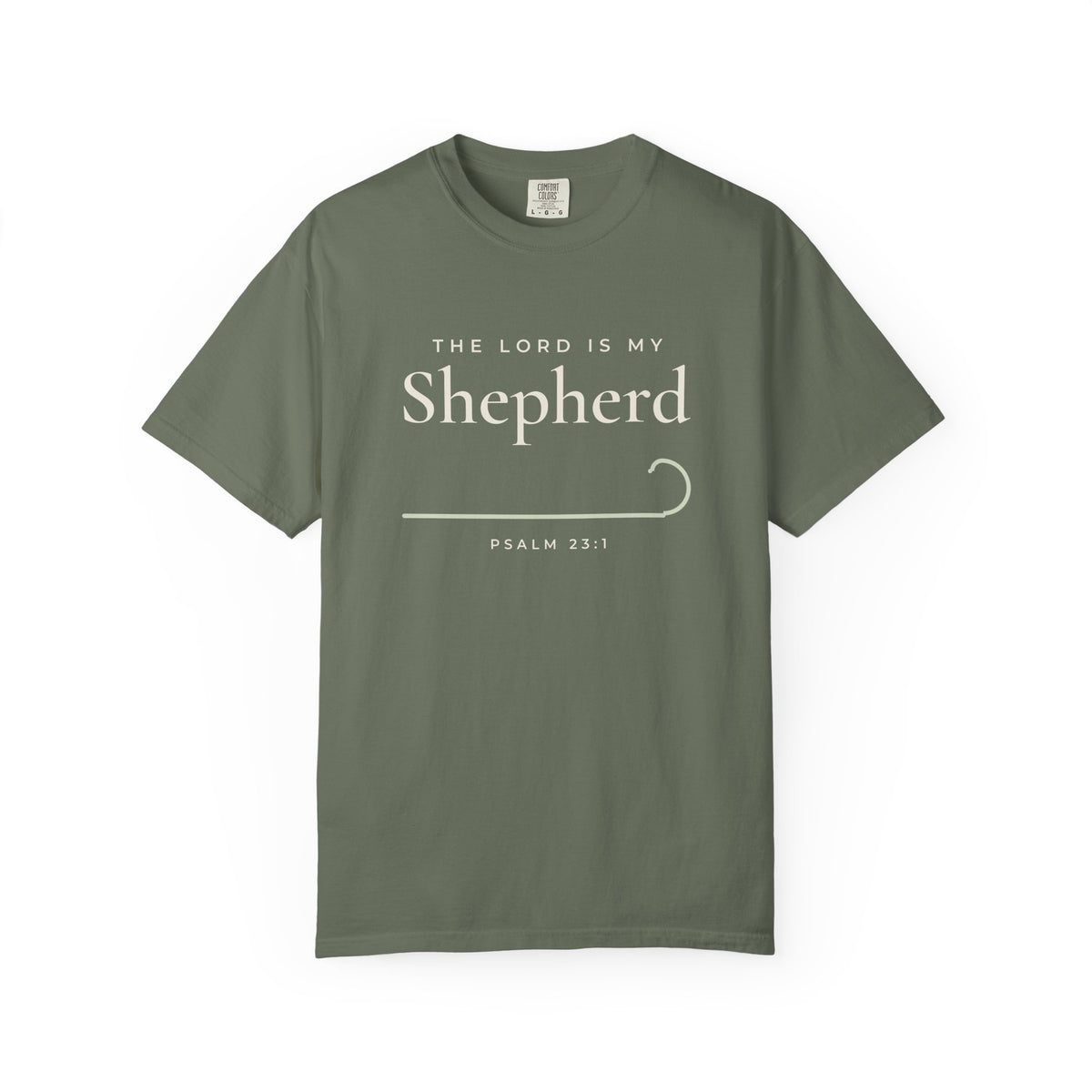 The Lord Is My Shepherd Psalm 23:1 Christian tee in moss, front mockup