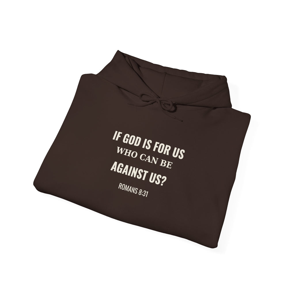 If God Is For Us Romans 8:31 hoodie in dark chocolate, folded mockup