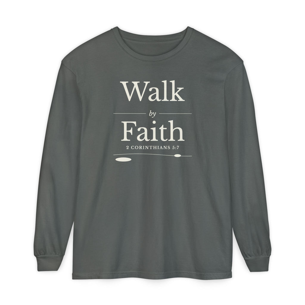 Walk by Faith 2 Corinthians 5:7 long sleeve tee in pepper, front mockup