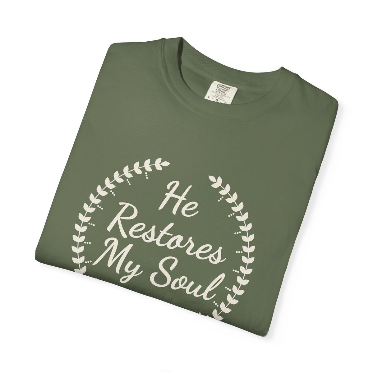 He Restores My Soul Psalm 23:3 tee in sage, folded mockup