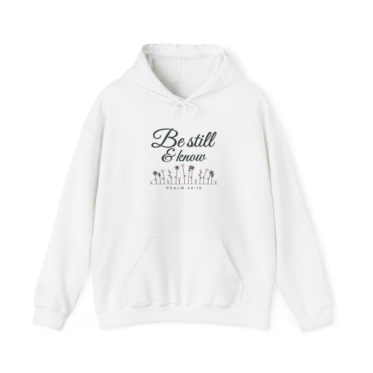 Be Still & Know Wildflower Psalm 46:10 Christian hoodie in white, front mockup