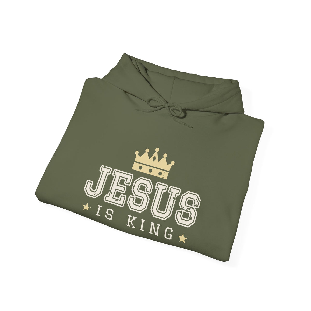 Jesus Is King Christian hoodie in military green, folded mockup