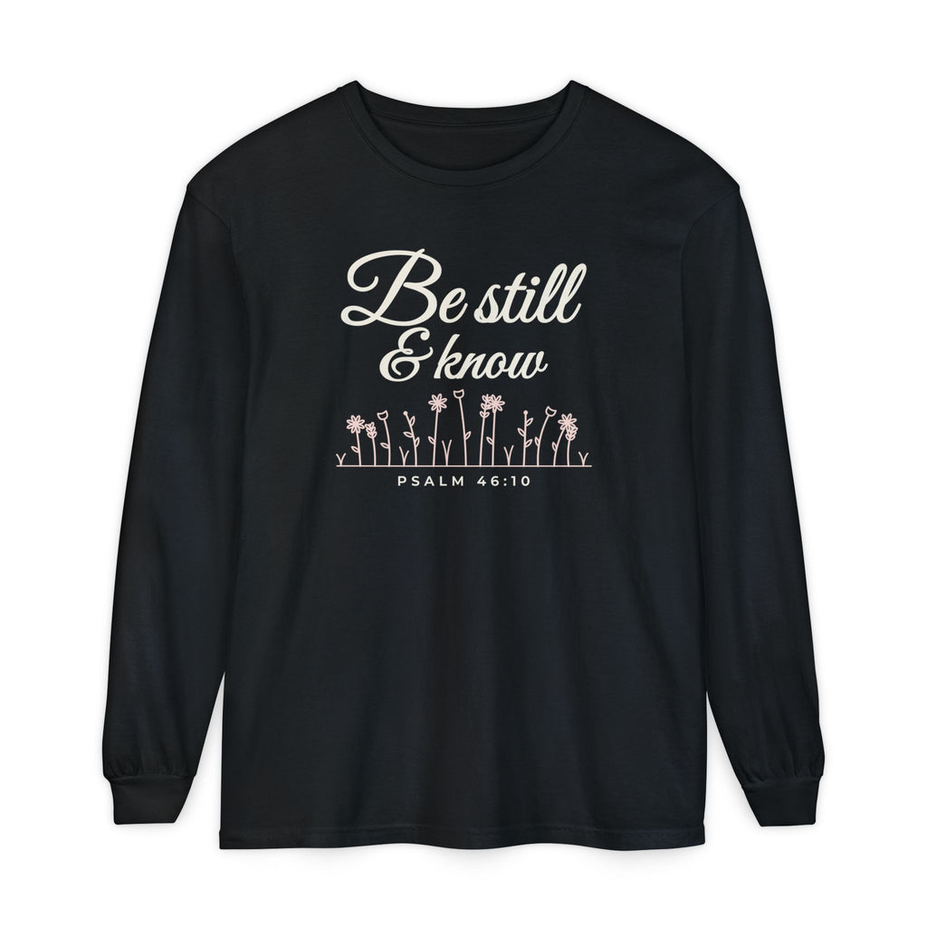 Be Still & Know Wildflower Psalm 46:10 Christian long sleeve tee in black, front mockup