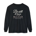 Be Still & Know Wildflower Psalm 46:10 Christian long sleeve tee in black, front mockup