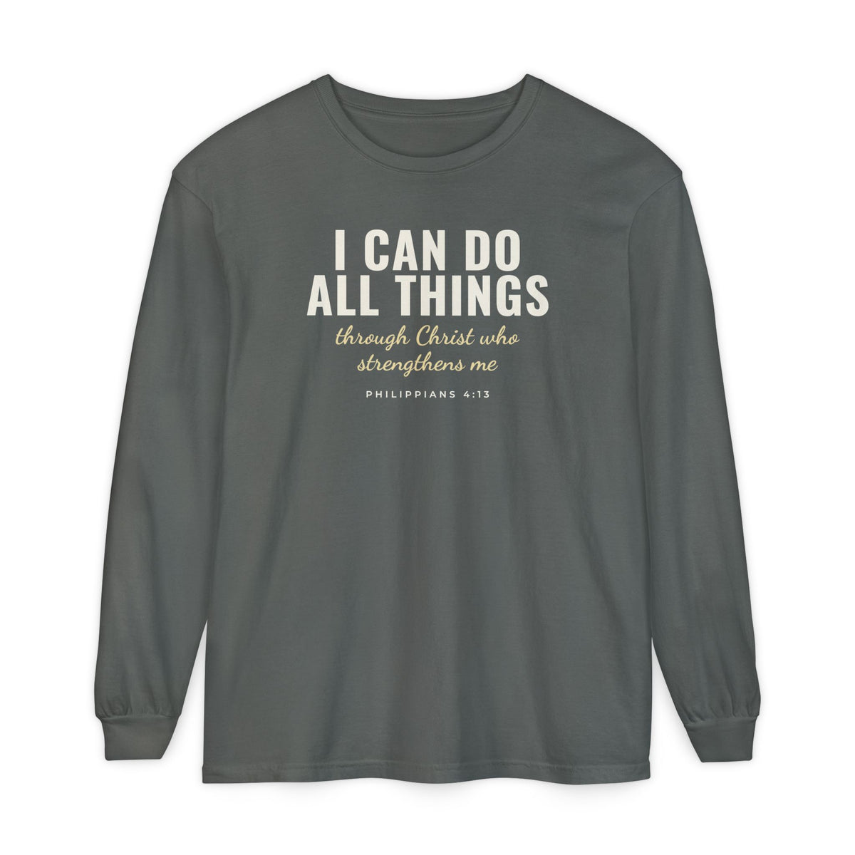 I Can Do All Things Philippians 4:13 Christian long sleeve tee in pepper, front mockup