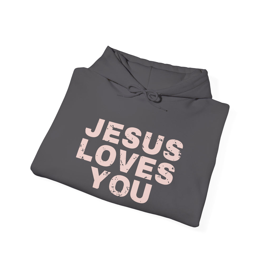 Jesus Loves You Christian hoodie in charcoal, folded mockup