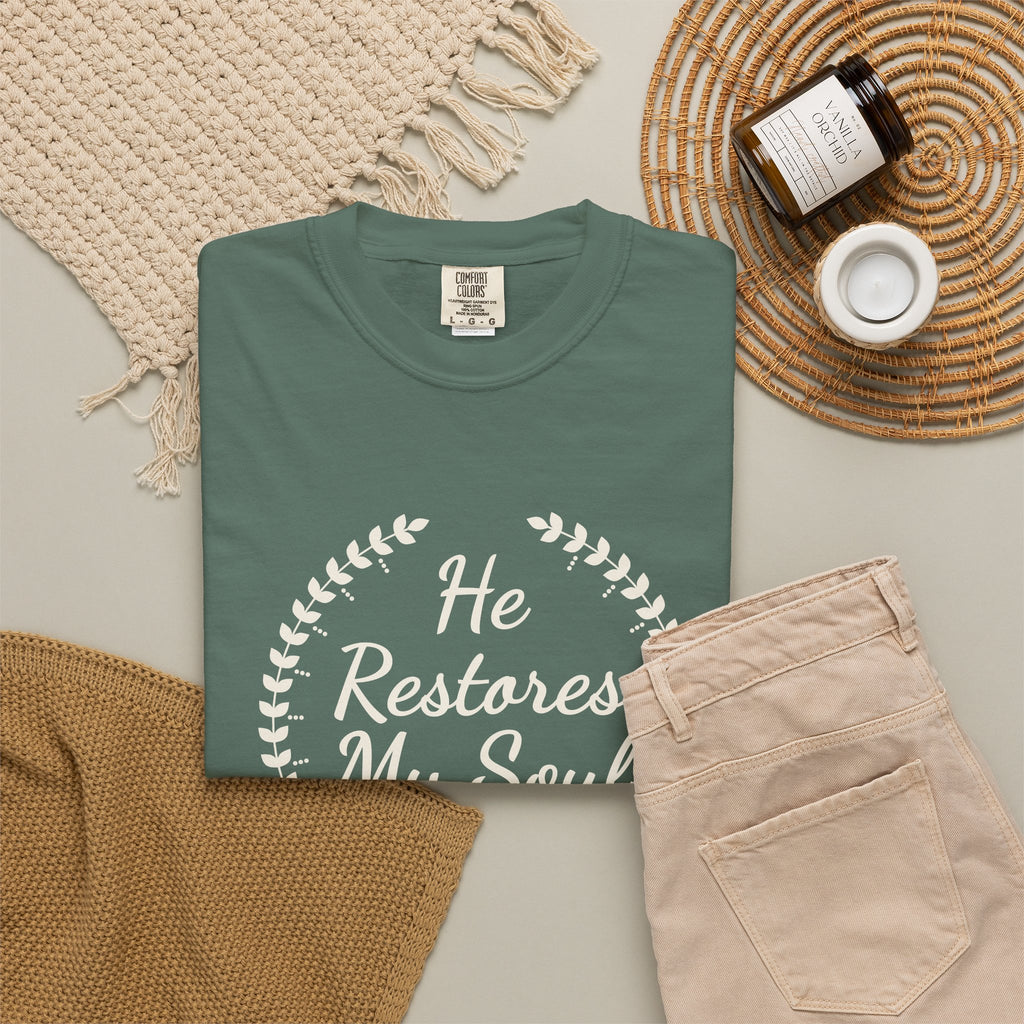 He Restores My Soul Psalm 23:3 tee in blue spruce, folded flat lay mockup