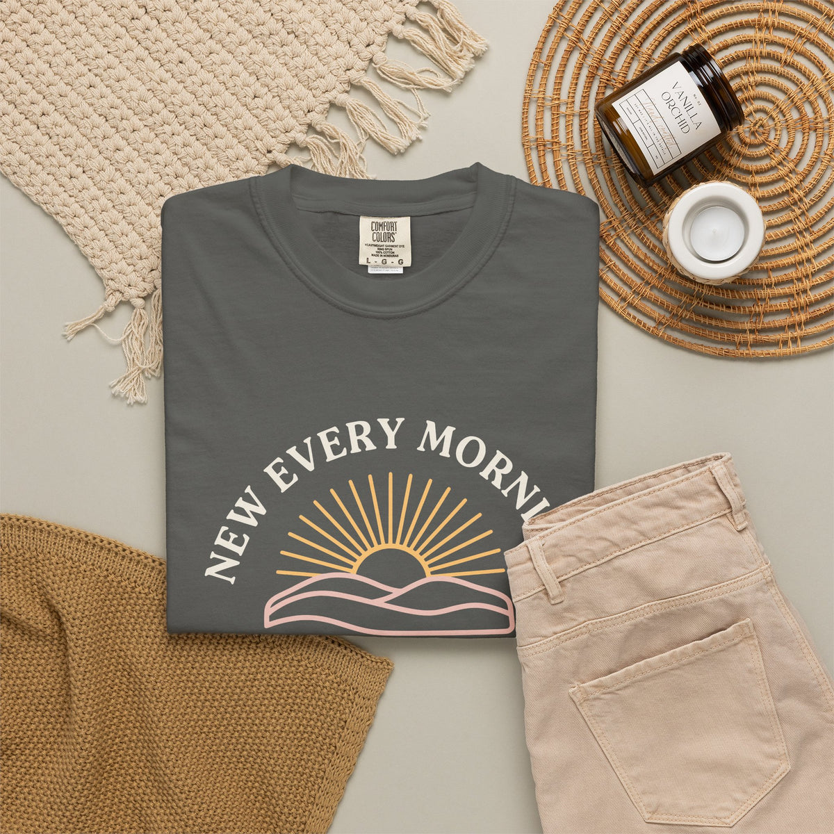 New Every Morning Lamentations 3:22-23 tee in pepper, folded flat lay mockup