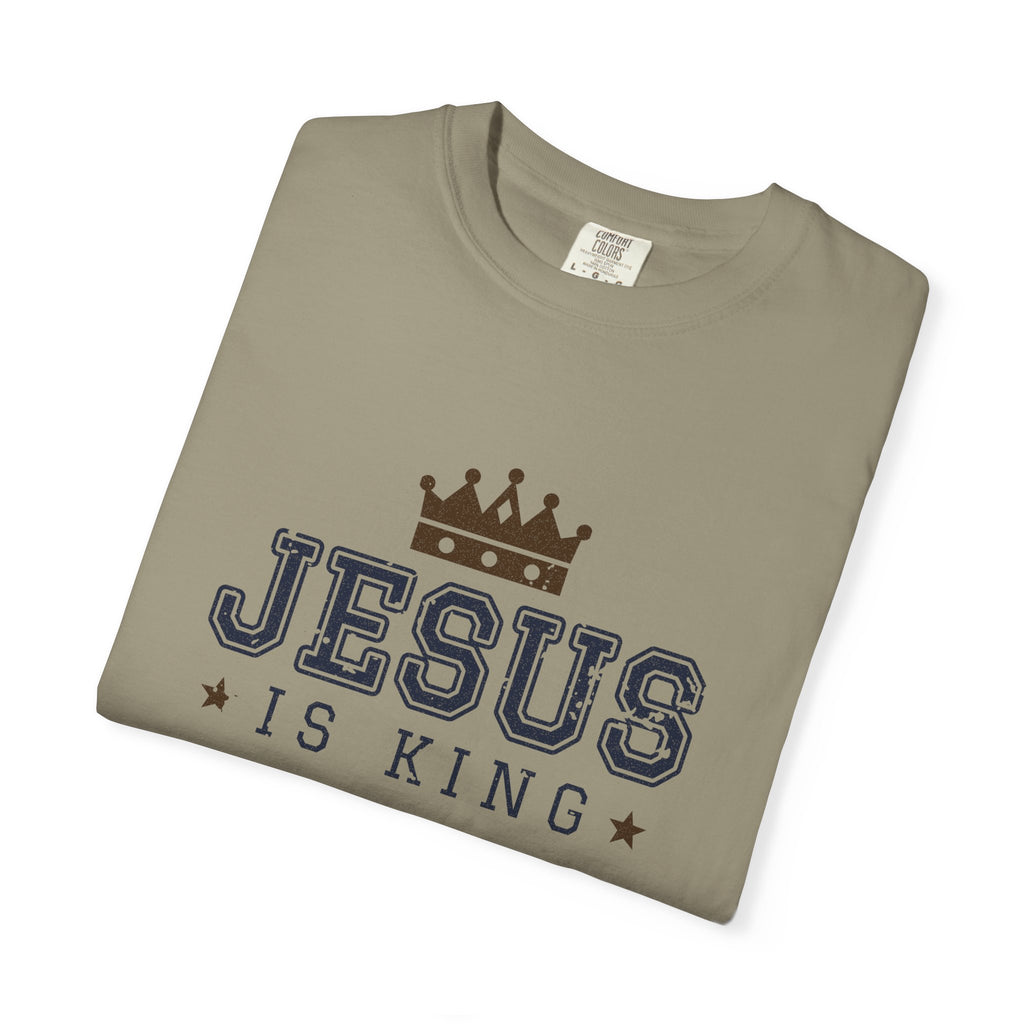 Jesus Is King Christian tee in sandstone, folded mockup