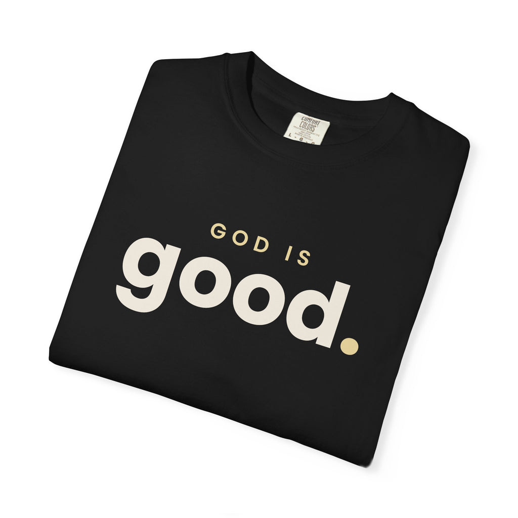 God Is Good Christian tee in black, folded mockup